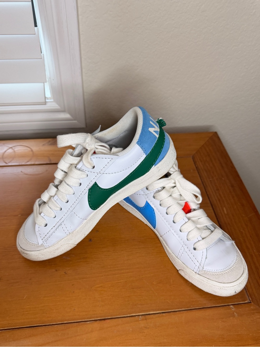Nike White Leather Retro Sneakers with Green & Blue Swoosh